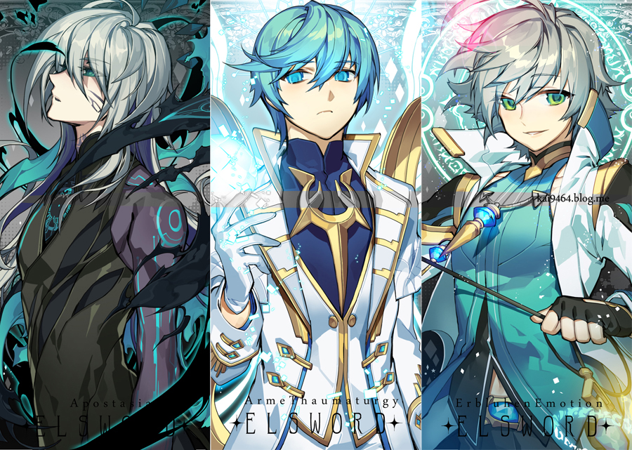 3boys, ainchase_ishmael, apostasia_(elsword), arme_thaumaturgy_(elsword), bluhen_(elsword), elsword, multiple_boys, pika_(kai9464)
