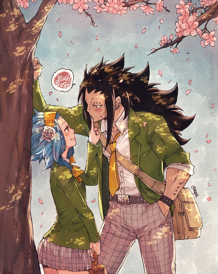 1boy, 1girl, a, bag, belt, black_hair, blazer, blue_hair