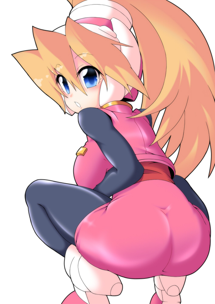 1girl, :o, ass, bangs, black_legwear, blonde_hair, blue_eyes, blush