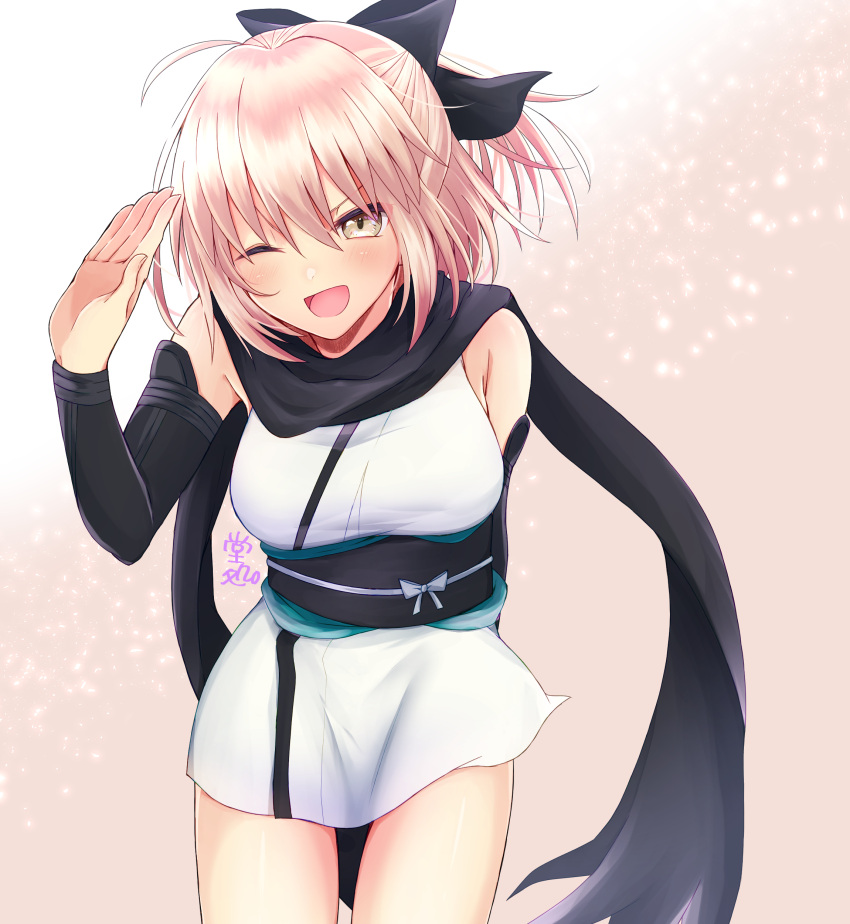 1girl, ;d, absurdres, black_bow, black_scarf, blonde_hair, bow, detached_sleeves