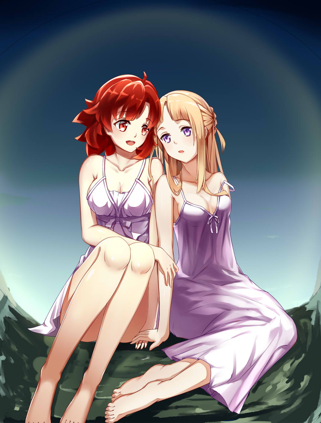 2girls, :d, barefoot, blonde_hair, breasts, cleavage, collarbone, dress, eyes, hand_on_hand, head_tilt, highres, izetta, kuma_(1547761808), long_hair, medium_breasts, multiple_girls, off_shoulder, open_mouth, ortfine_fredericka_von_eylstadt, redhead, short_dress, shuumatsu_no_izetta, sitting, sleeveless, sleeveless_dress, small_breasts, smile, violet_eyes, white_dress