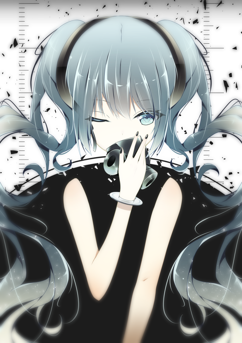 1girl, bangs, black_dress, black_nails, blue_eyes, blue_hair, bracelet, dress