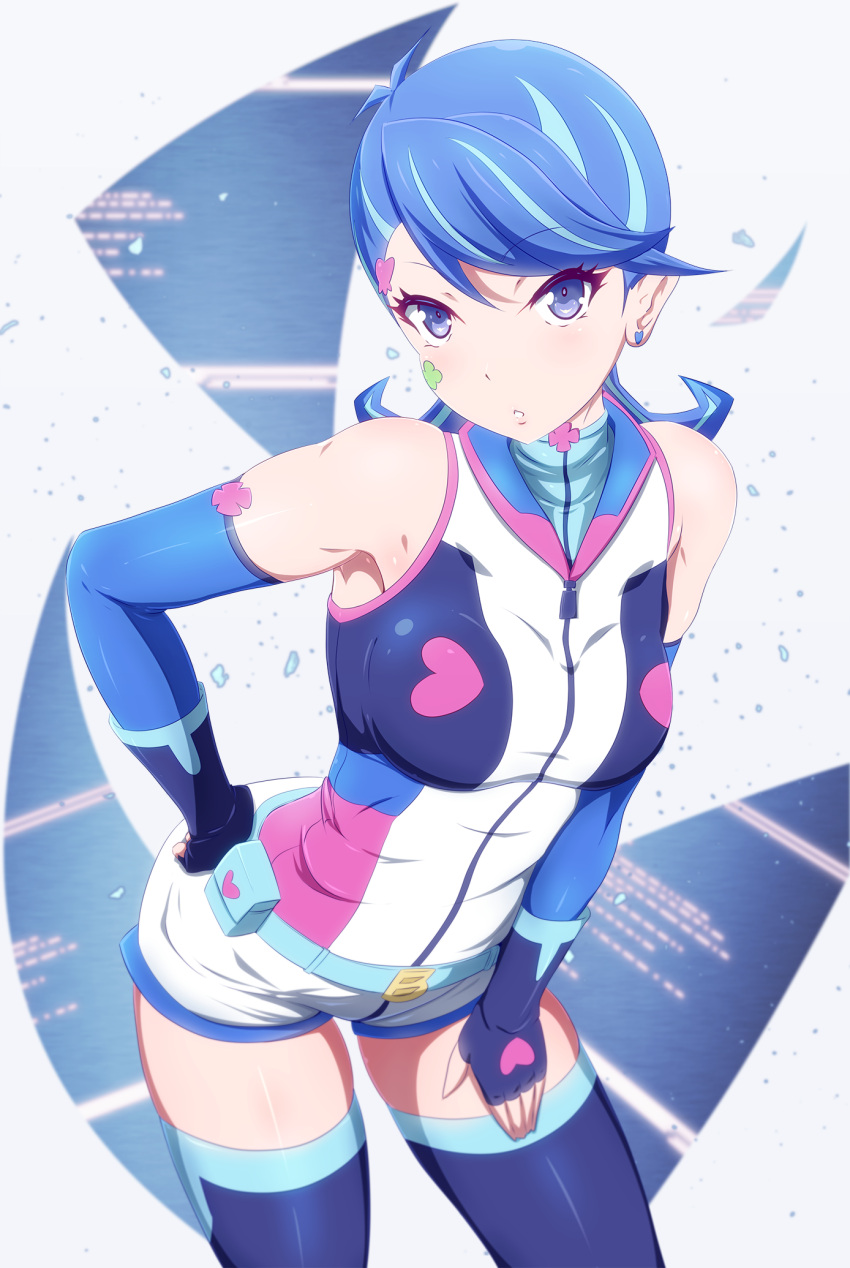 1girl, armpits, belt, blue_eyes, blue_girl, blue_gloves, blue_hair, blue_legwear, breasts, commentary_request, danpu, earrings, elbow_gloves, facial_tattoo, fingerless_gloves, gloves, hand_on_hip, hand_on_own_thigh, heart, heart_earrings, highres, jewelry, looking_at_viewer, medium_breasts, multicolored_hair, parted_lips, shiny, shiny_clothes, shiny_hair, shiny_skin, short_hair, shorts, sleeveless, solo, streaked_hair, tattoo, teeth, thigh-highs, white_shorts, yu-gi-oh!, yuu-gi-ou_vrains, zaizen_aoi, zipper