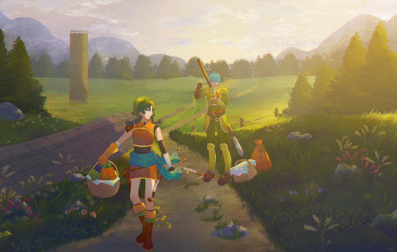 1boy, 1girl, armor, basket, breastplate, field, fire_emblem, fire_emblem:_rekka_no_ken, gloves, greaves, green_hair, holding, holding_basket, lijupy, lowen_(fire_emblem), mountain, outdoors, pauldrons, polearm, rebecca_(fire_emblem), spear, traditional_media, watercolor_(medium), waving, weapon, weapon_on_back