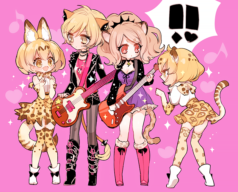 !!, 4girls, :d, animal_ears, big_hair, black_choker, black_footwear, black_jacket