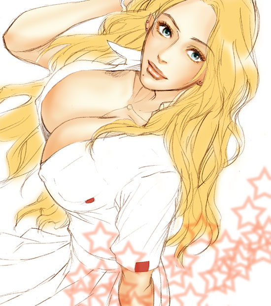 blonde_hair, breasts, cleavage, down_blouse, gekkousha, large_breasts, lips, long_hair, matsumoto_rangiku, mole