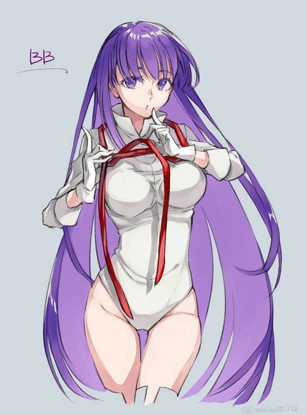 1girl, bangs, bb_(fate/extra_ccc), character_name, commentary_request, covered_navel, cowboy_shot, cropped_legs