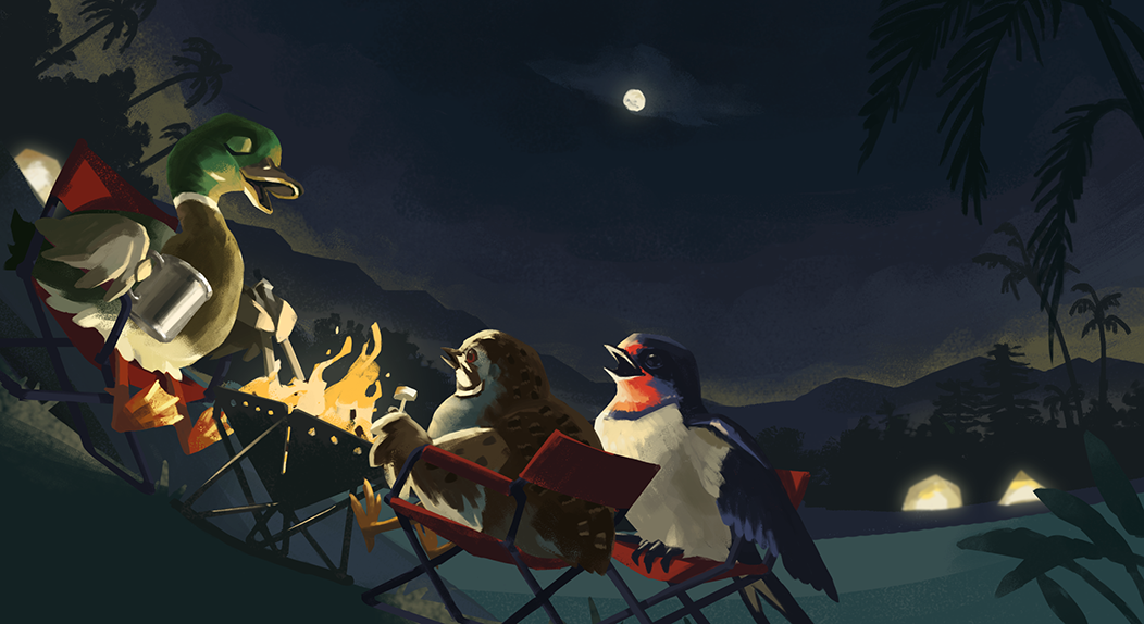 bird, chair, chenpn, closed_eyes, cup, duck, dutch_angle, fire