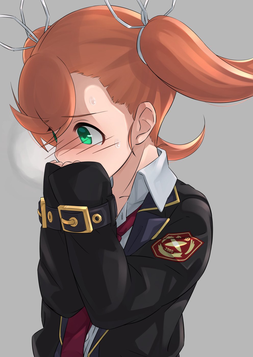 1girl, bangs, blazer, blush, brown_hair, buckle, cosplay, covering_mouth, eyebrows_visible_through_hair, green_eyes, grey_background, hair_ribbon, hashibirohou, highres, hyde_(under_night_in-birth), hyde_(under_night_in-birth)_(cosplay), jacket, nanase_(under_night_in-birth), necktie, nose_blush, ribbon, school_uniform, sleeves_past_wrists, solo, sweat, swept_bangs, twintails, under_night_in-birth, upper_body, wing_collar