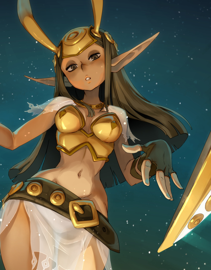 1girl, armor, armored_dress, belt, belt_buckle, blue_nails, breastplate, breasts