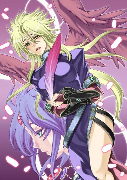 blonde_hair, blue_hair, breath_of_fire, breath_of_fire_ii, dress, feathers, green_eyes, kagura-akira