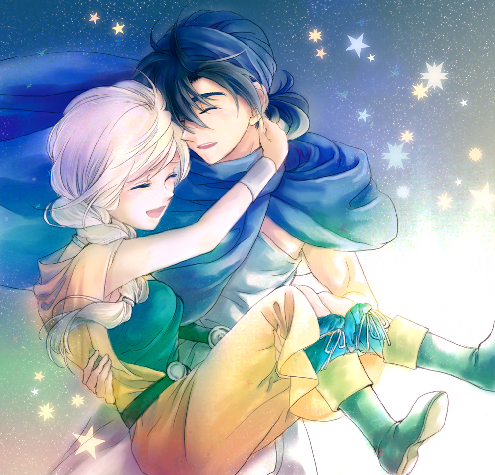 1girl, bad_id, bianca, blonde_hair, blue_eyes, boots, braid, cape, closed_eyes, couple, dragon_quest, dragon_quest_v, dress, happy, hero_(dq5), hug, momo_(gomenne), mou_ii, muoii, single_braid, smile, star, turban