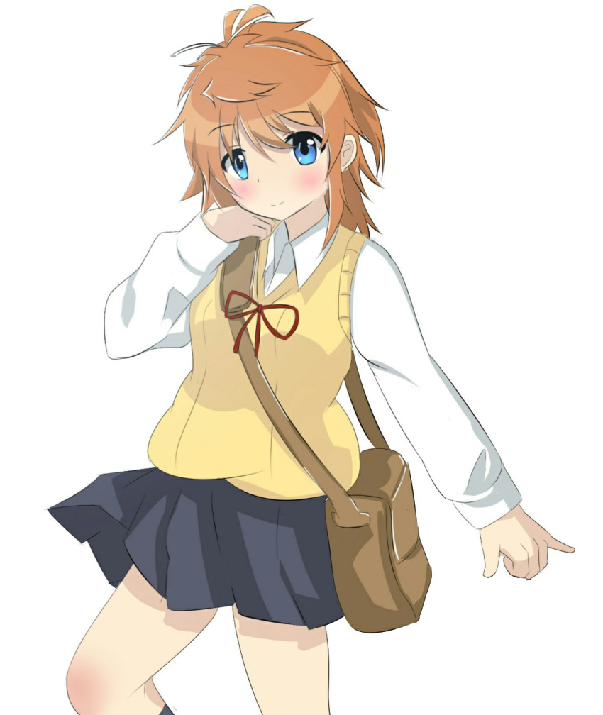 1girl, backpack, blue_eyes, blush, bowtie, cute, kimura_naoki, koshigaya_natsumi