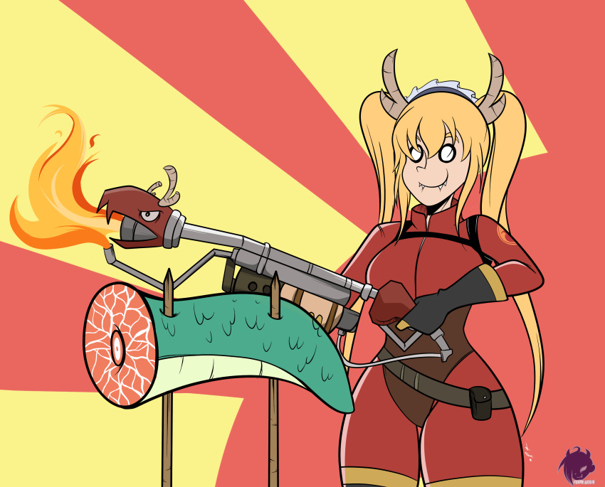 absurdres, blonde_hair, cosplay, crossover, dragon, dragon_girl, dragon_horns, dragon_tail