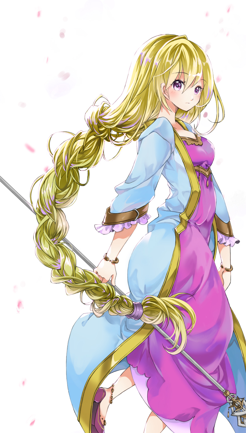 1girl, bahamut_lagoon, blonde_hair, blue_dress, blush, bracelet, braid, breasts