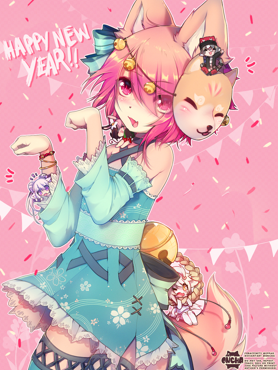 1boy, animal_ears, bell, dog_mask, dress, fang, furry, hair_ornament