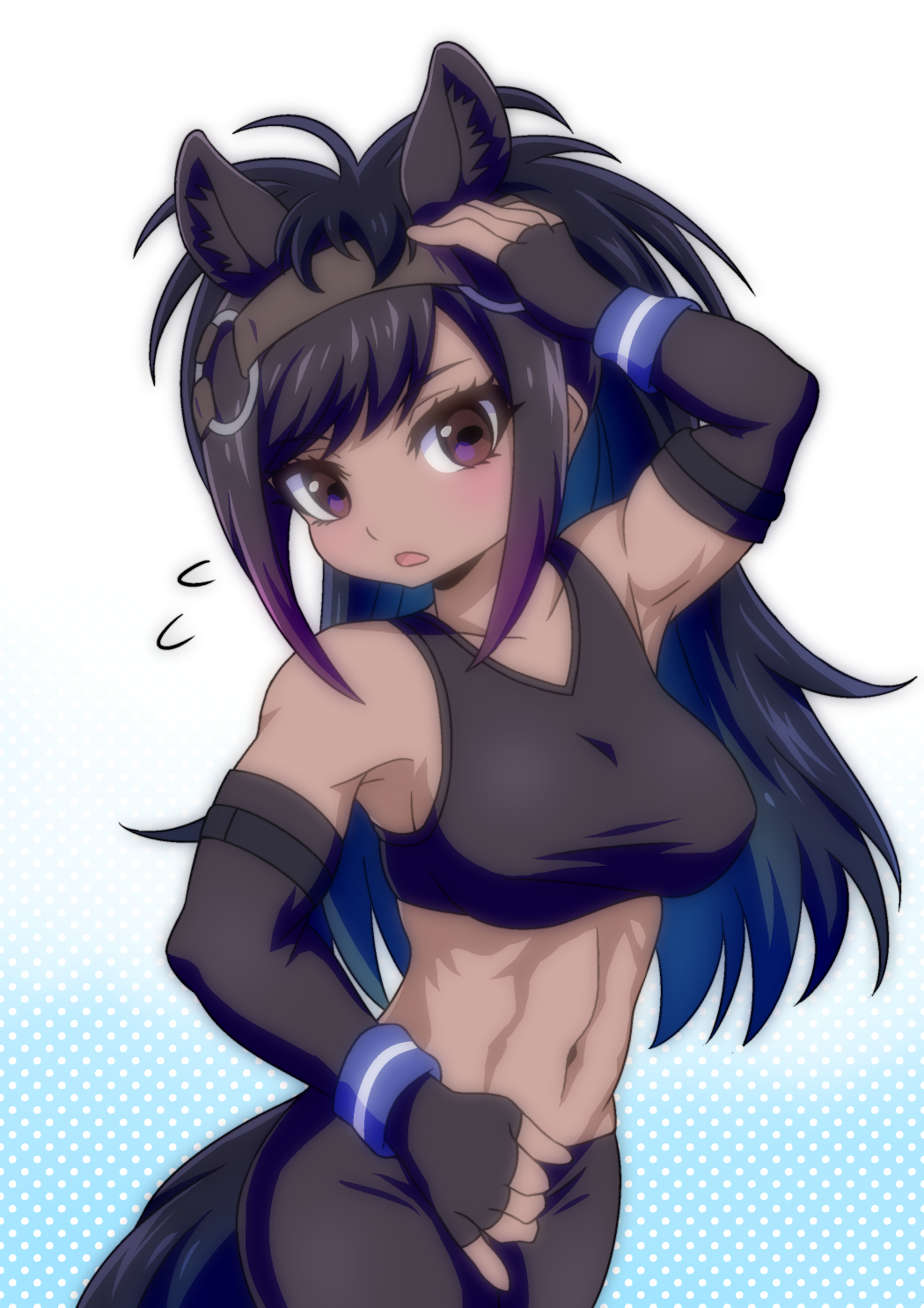 1girl, abs, animal_ears, aqua_background, arm_up, armpits, bangs, bare_shoulders, black_gloves, black_hair, black_legwear, black_sports_bra, blue_wristband, breasts, bridle, brown_eyes, brown_thoroughbred_(kemono_friends), collarbone, commentary_request, cowboy_shot, d:, dark_skin, elbow_gloves, erect_nipples, eyebrows_visible_through_hair, eyelashes, fingerless_gloves, flying_sweatdrops, gloves, gradient, gradient_background, gradient_hair, hand_on_own_head, head_tilt, highres, horizontal_pupils, horse_ears, horse_girl, horse_tail, kemono_friends, large_breasts, long_hair, looking_at_viewer, midriff, multicolored_hair, navel, open_mouth, pantyhose, polka_dot, polka_dot_background, purple_hair, quatre_aaaa, sideboob, simple_background, solo, sports_bra, stomach, swept_bangs, tail, toned, two-tone_hair, v-neck, wristband