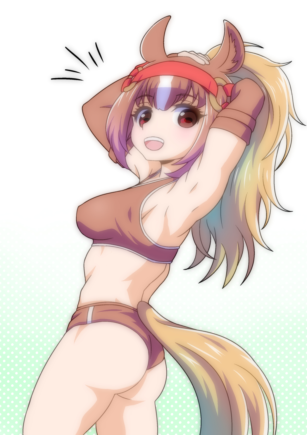 1girl, animal_ears, arm_behind_head, armpits, arms_up, ass, back, bangs, blonde_hair, breasts, brown_eyes, brown_hair, buruma, chestnut_thoroughbred_(kemono_friends), cowboy_shot, dotted_background, elbow_gloves, eyebrows_visible_through_hair, gloves, hand_on_own_head, highres, horse_ears, horse_tail, kemono_friends, long_hair, looking_at_viewer, looking_back, medium_breasts, midriff, multicolored_hair, open_mouth, ponytail, quatre_aaaa, sidelocks, smile, solo, sports_bra, sportswear, standing, stomach, tail, white_hair