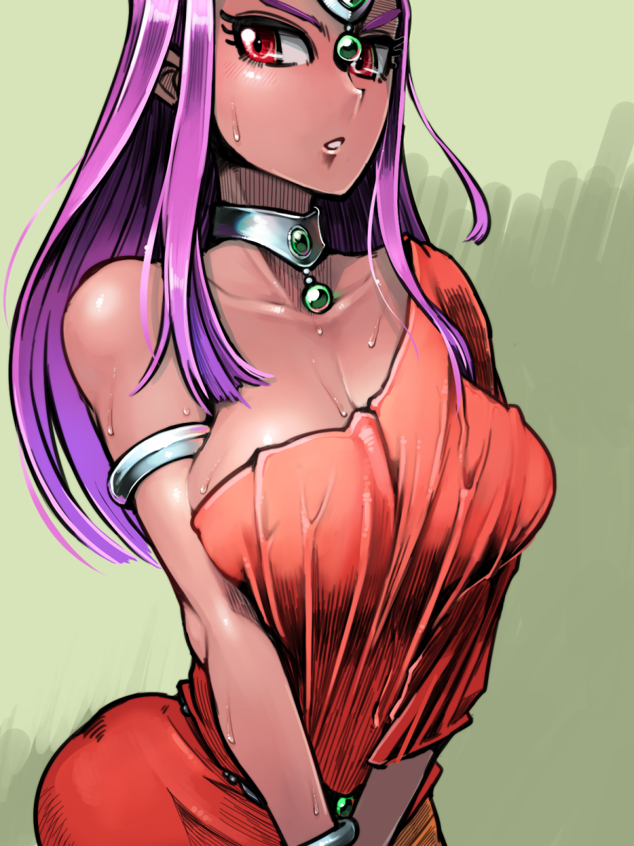 1girl, armlet, blush, breasts, circlet, cleavage, collarbone, dark_skin