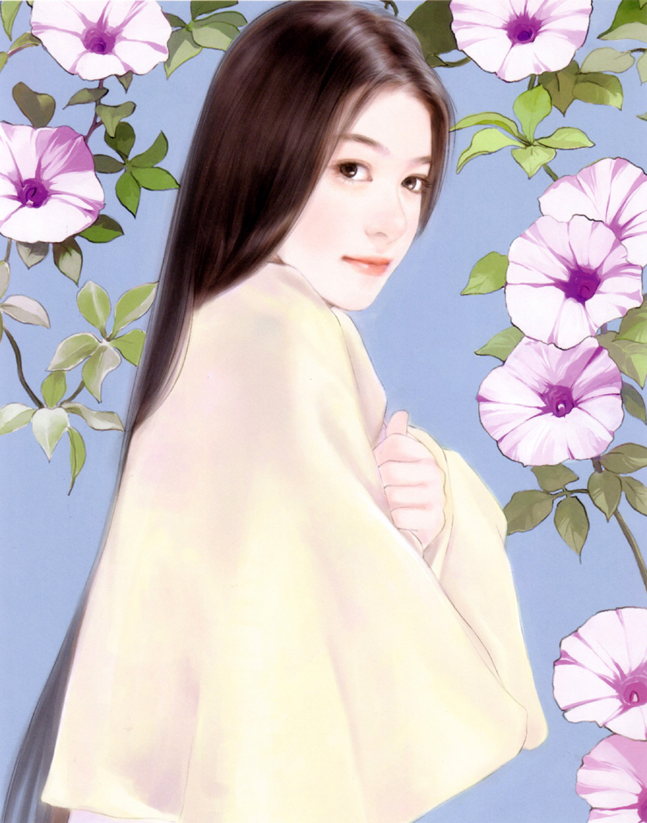 brown_hair, chen_shu_fen, flower, highres, long_hair, realistic, smile