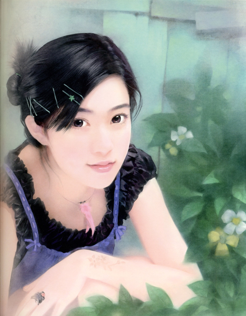 black_hair, chen_shu_fen, flower, hair_ornament, hairclip, highres, jewelry, leaf