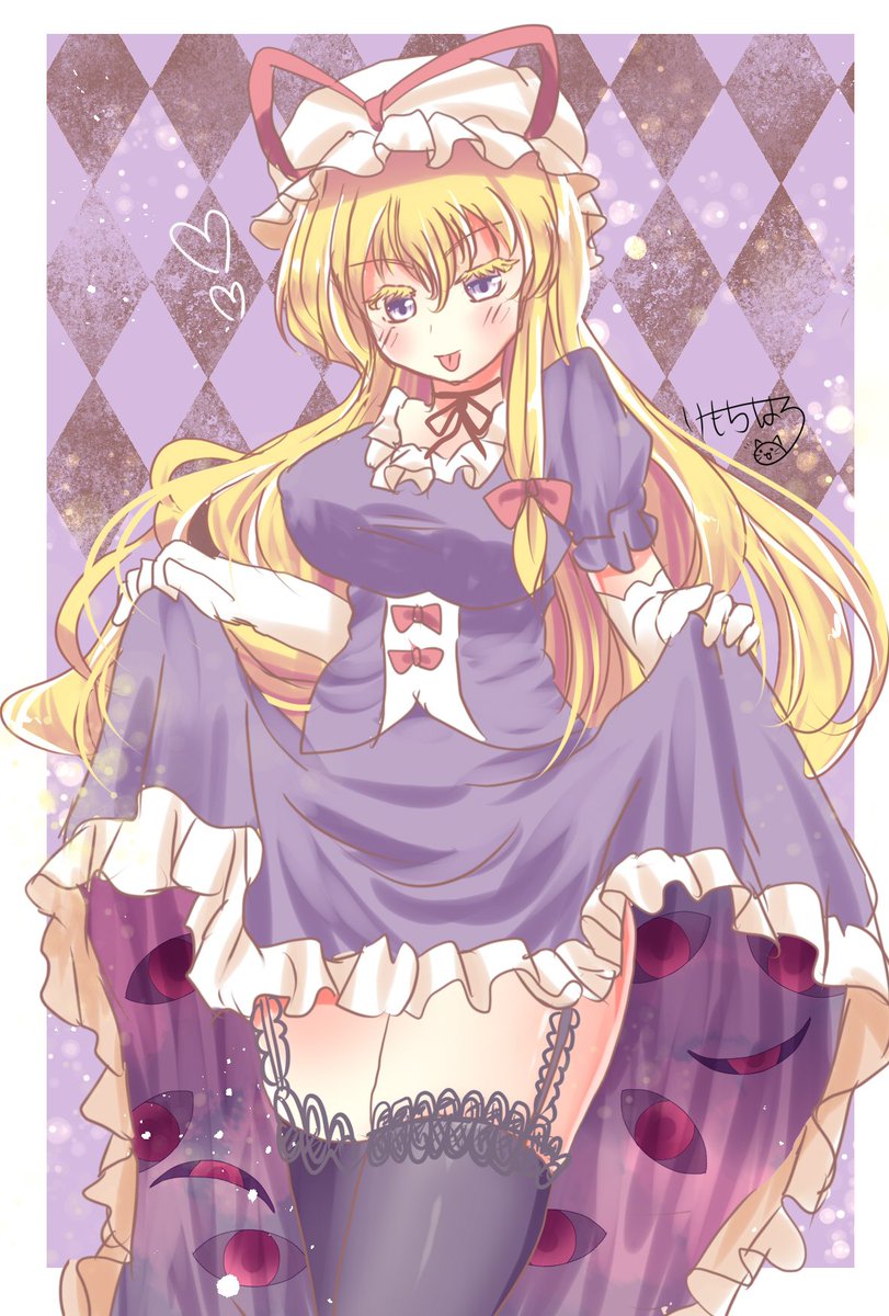 1girl, argyle, argyle_background, bangs, black_background, blonde_hair, blue_dress, blue_eyes