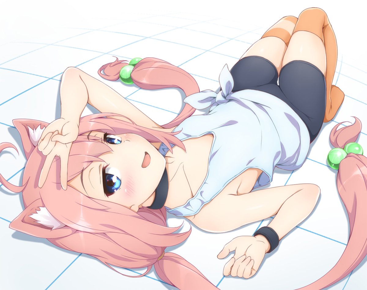 1girl, animal_ears, arm_up, bike_shorts, blue_eyes, cat_ears, choker, commentary_request