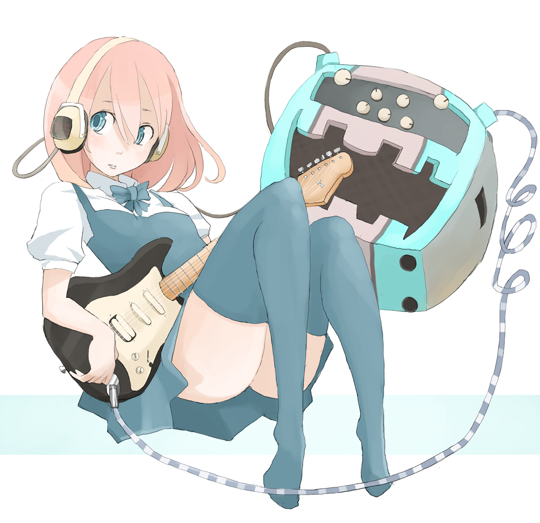 amp, blue_eyes, guitar, headphones, instrument, long_hair, original, pink_hair, takagi_(tansuke), tansuke, thigh-highs, thighhighs