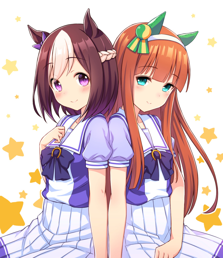 2girls, animal_ears, back-to-back, bangs, blunt_bangs, blush, bow, bowtie