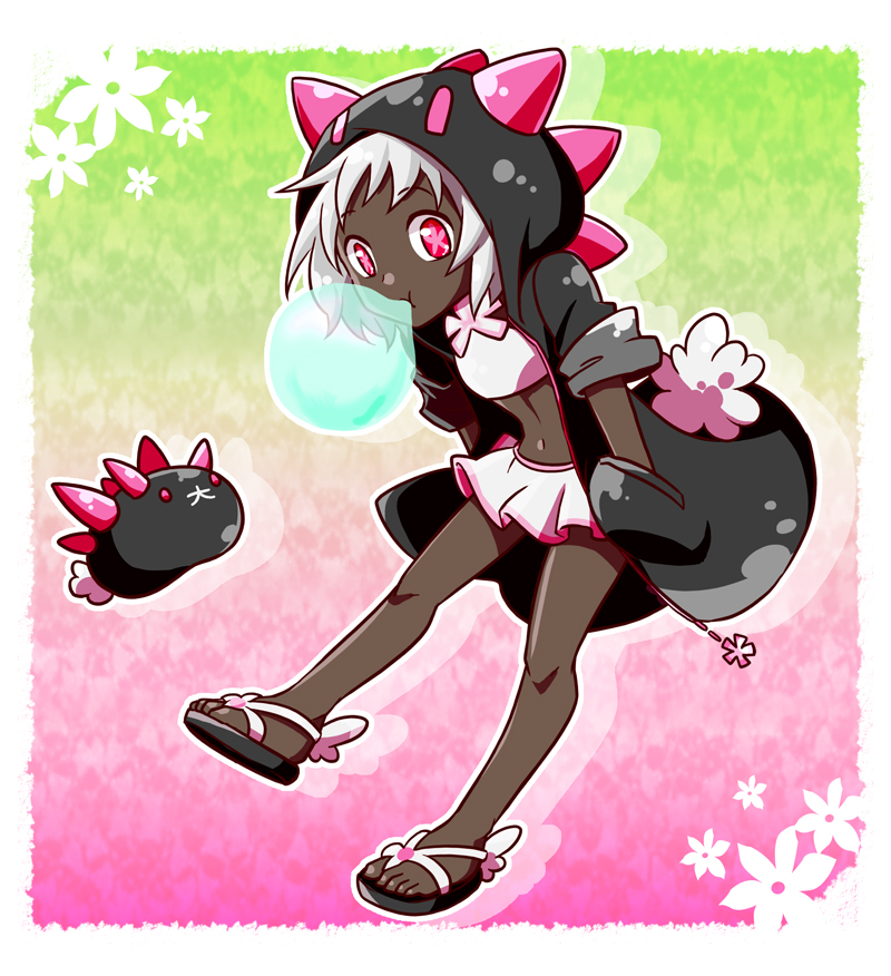 1girl, black_jacket, dark_skin, full_body, gen_7_pokemon, hands_in_pockets, hatsuru_826, hood, jacket, midriff, miniskirt, moemon, navel, personification, pink_eyes, pokemon, pokemon_(creature), pokemon_(game), pokemon_sm, pyukumuku, sandals, skirt, white_hair, white_skirt