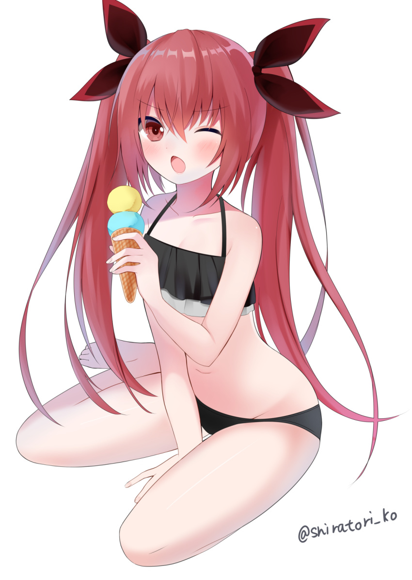 1girl, ;o, arm_support, between_legs, bikini, black_bikini, blush, breasts