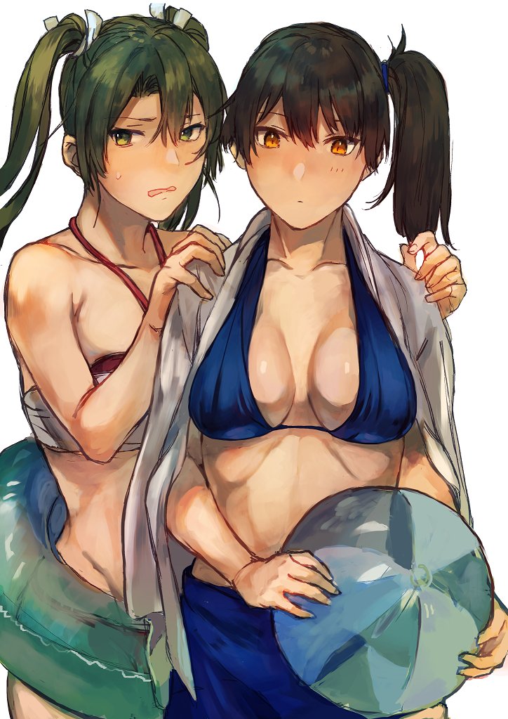2girls, ball, beachball, bikini, blush, breasts, brown_hair, cleavage