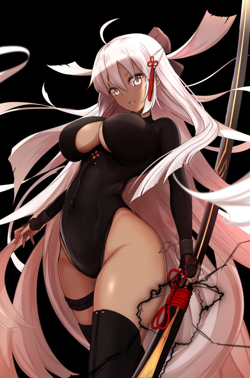 1girl, ahoge, bangs, black_background, black_bow, black_legwear, black_leotard, bow