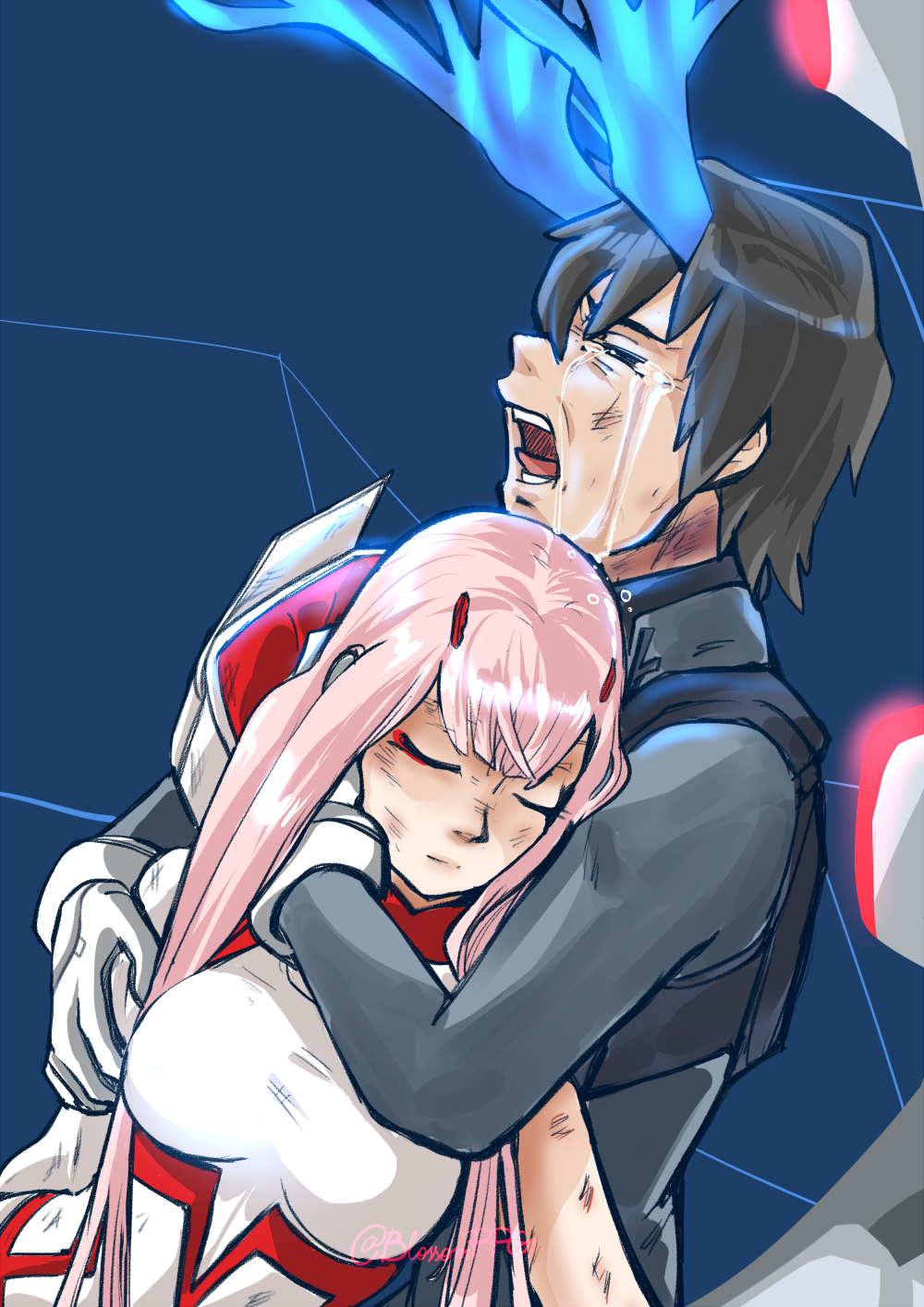 1boy, 1girl, bangs, black_hair, blossomppg, blue_horns, bodysuit, breasts