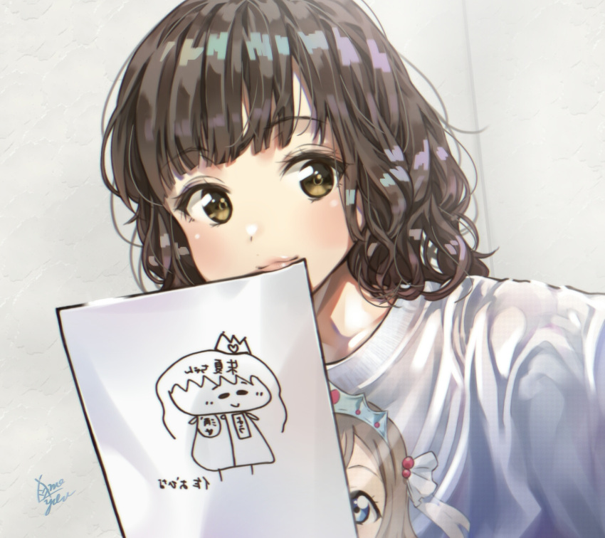 1girl, :3, bangs, black_hair, blue_eyes, breasts, brown_hair, character_print