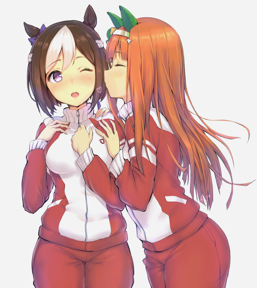 2girls, animal_ears, artist_name, blush, bow, braid, brown_hair, cheek_kiss