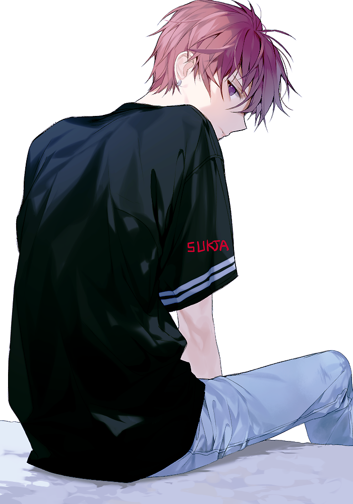 1boy, americano_beans, americano_exodus, black_shirt, casual, denim, earrings, from_behind, jeans, jewelry, light_frown, looking_at_viewer, looking_back, male_focus, pants, redhead, shirt, short_sleeves, sitting, solo, sukja, t-shirt, violet_eyes, white_background