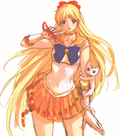 1girl, aino_minako, artemis_(sailor_moon), bishoujo_senshi_sailor_moon, blonde_hair, blue_bow, blue_eyes, bow, breasts, cat, choker, commentary_request, ei_(fran3bon), long_hair, orange_choker, orange_sailor_collar, sailor_collar, sailor_senshi_uniform, sailor_venus