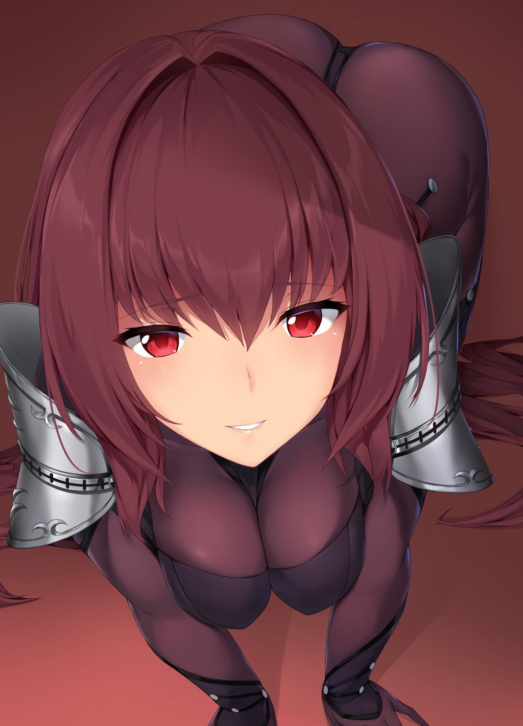 1girl, all_fours, ass, bodysuit, breasts, cleavage, commentary_request, eyebrows_visible_through_hair