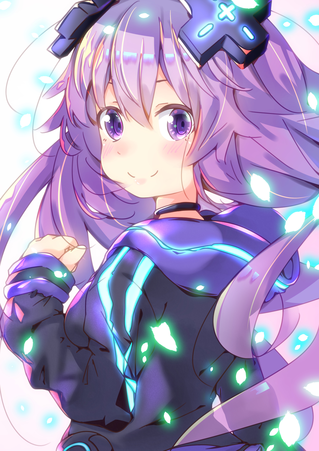 1girl, adult_neptune, blush, choker, clenched_hand, commentary, commentary_request, d-pad