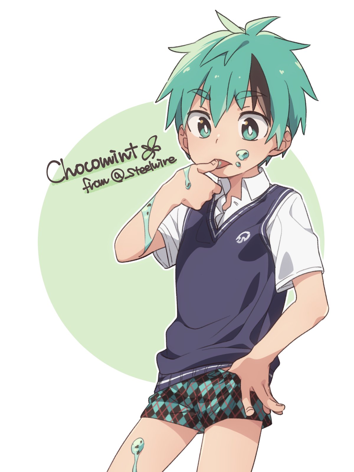 1boy, argyle, borrowed_character, boxers, bright_pupils, character_name, chocomint-kun_(yuushitessen), finger_licking, food_on_body, green_eyes, green_hair, highres, keitomato, licking, male_focus, no_pants, original, school_uniform, short_sleeves, solo, sweater_vest, underwear