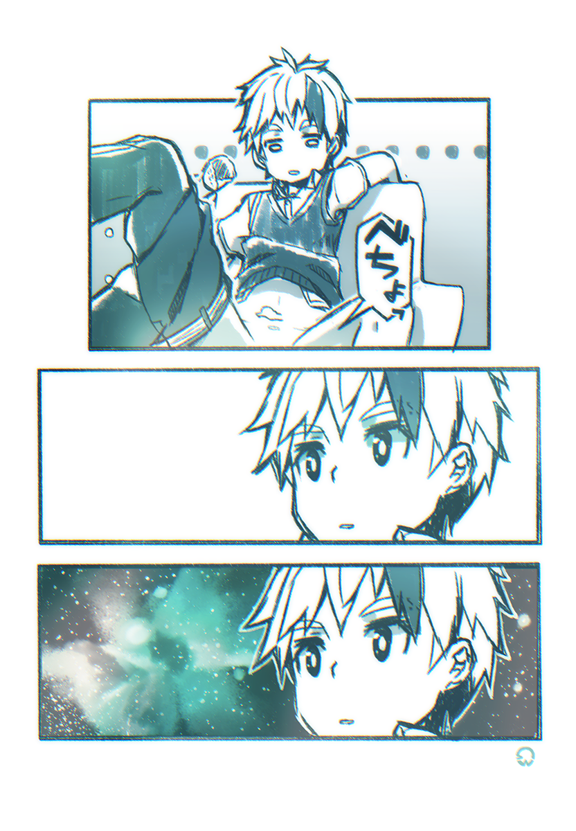1boy, bright_pupils, chocomint-kun_(yuushitessen), comic, food, green, highres, ice_cream