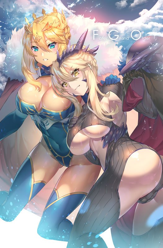 2girls, aguy, armpits, artoria_pendragon_(all), artoria_pendragon_(lancer), artoria_pendragon_(lancer_alter), blonde_hair, blue_eyes, blue_legwear, blush, braid, breasts, cape, cleavage, cleavage_cutout, clouds, cloudy_sky, crown, dark_persona, eyebrows_visible_through_hair, fate/grand_order, fate_(series), french_braid, fur-trimmed_cape, fur_trim, grin, hair_between_eyes, hand_on_another's_shoulder, large_breasts, leotard, multiple_girls, navel, red_cape, sidelocks, sky, smile, stomach, under_boob, yellow_eyes