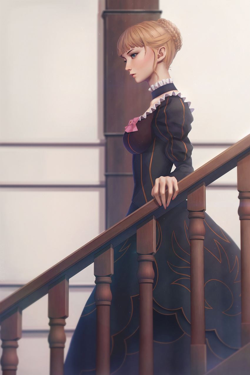 1girl, banister, beatrice, blonde_hair, blue_eyes, breasts, choker, closed_mouth