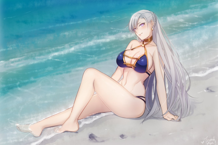 abs, aurelia_le_guin, bangs, bare_shoulders, beach, bikini, blush, braid