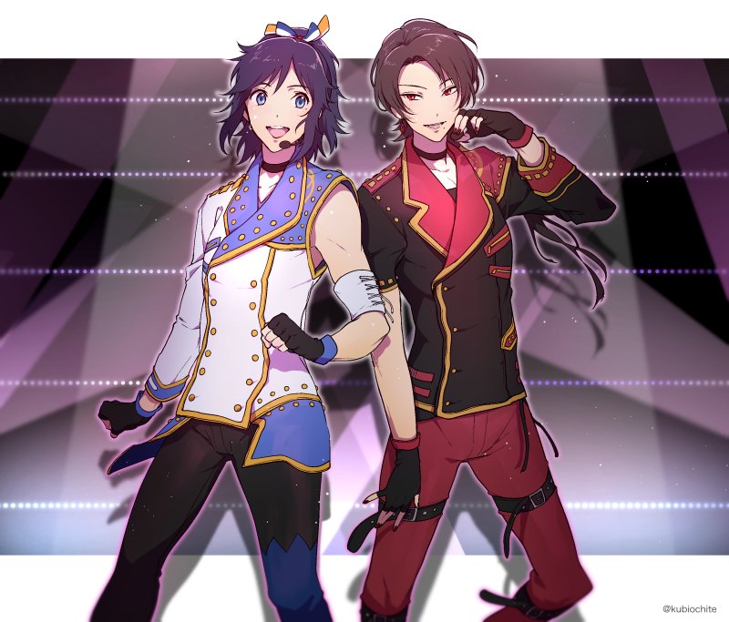2boys, asymmetrical_clothes, belt, blue_eyes, blue_hair, choker, clenched_hands, dalc_rose