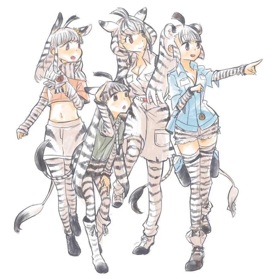 4girls, animal_ears, animal_print, belt, black_hair, boots, cargo_shorts, chapman's_zebra_(kemono_friends)