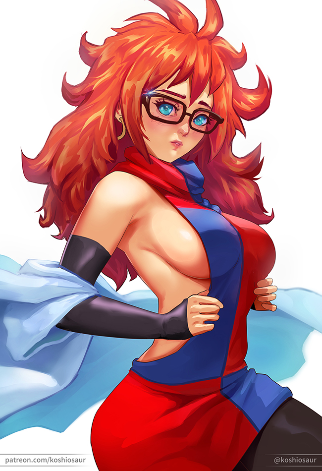 1girl, android_21, black-framed_eyewear, black_legwear, blue_eyes, breasts, brown_hair, checkered