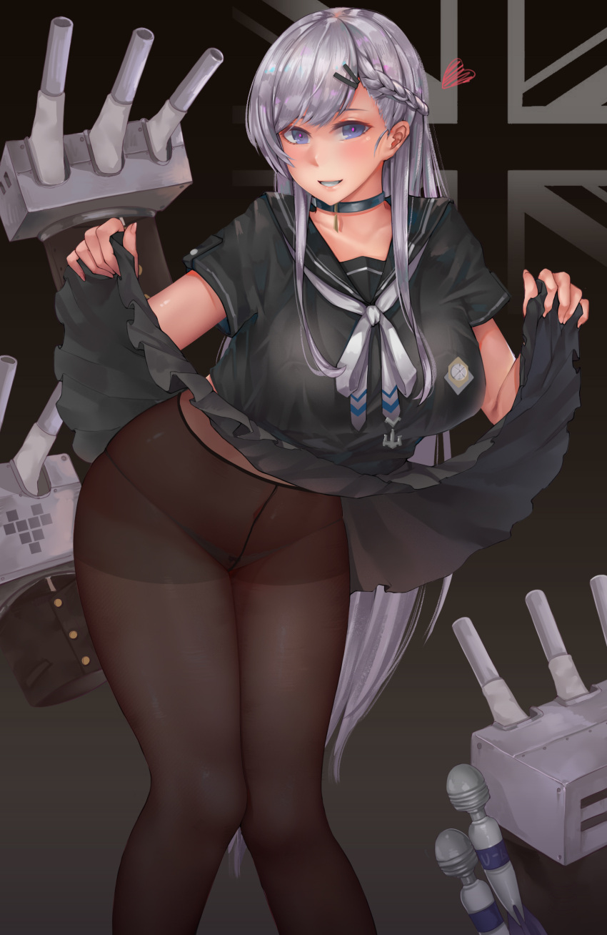 1girl, absurdres, azur_lane, belfast_(azur_lane), black_background, black_legwear, black_serafuku, black_shirt