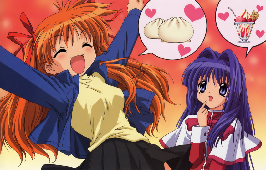 blue_eyes, blue_hair, blush, bow, closed_eyes, food, highres, ice_cream, kanon, long_hair, meatbun, minase_nayuki, multiple_girls, nikuman, orange_hair, ribbon, ribbons, sawatari_makoto, school_uniform, speech_bubble, sundae
